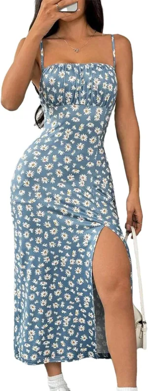 Summer Dresses for Women Boho Floral Spaghetti Strap Side Slit High Waist Long Dress Beach Vacation Sundress