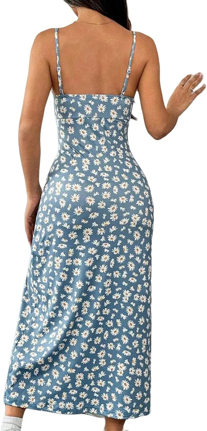 Summer Dresses for Women Boho Floral Spaghetti Strap Side Slit High Waist Long Dress Beach Vacation Sundress