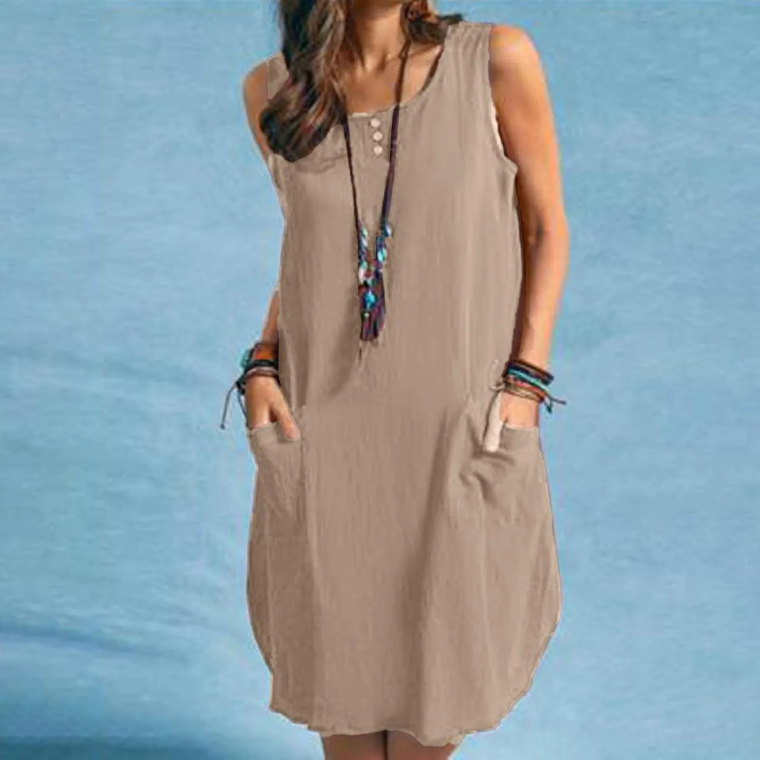Summer Dresses for Women Casual Loose Sleeveless Round Neck A Line Midi Sundress Beach Solid Cover Up Dress Pockets
