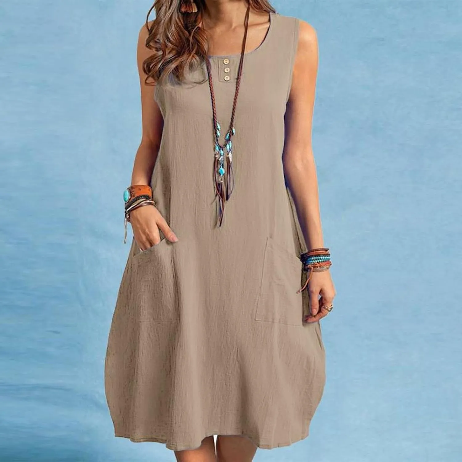 Summer Dresses for Women Casual Loose Sleeveless Round Neck A Line Midi Sundress Beach Solid Cover Up Dress Pockets