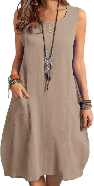 Summer Dresses for Women Casual Loose Sleeveless Round Neck A Line Midi Sundress Beach Solid Cover Up Dress Pockets