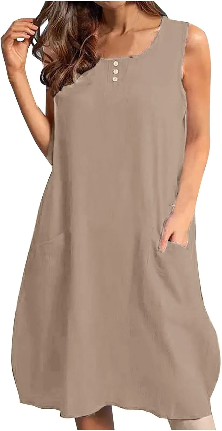 Summer Dresses for Women Casual Loose Sleeveless Round Neck A Line Midi Sundress Beach Solid Cover Up Dress Pockets