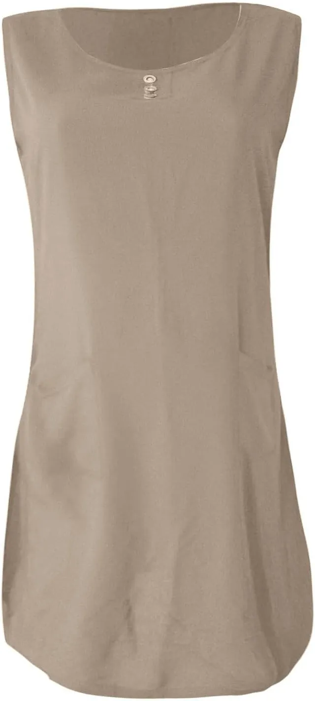 Summer Dresses for Women Casual Loose Sleeveless Round Neck A Line Midi Sundress Beach Solid Cover Up Dress Pockets