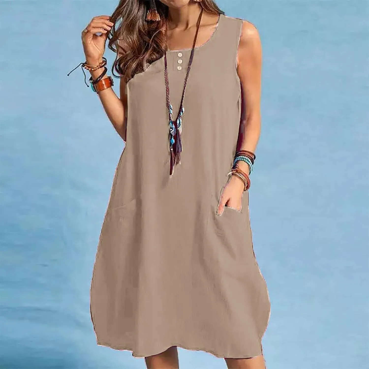 Summer Dresses for Women Casual Loose Sleeveless Round Neck A Line Midi Sundress Beach Solid Cover Up Dress Pockets