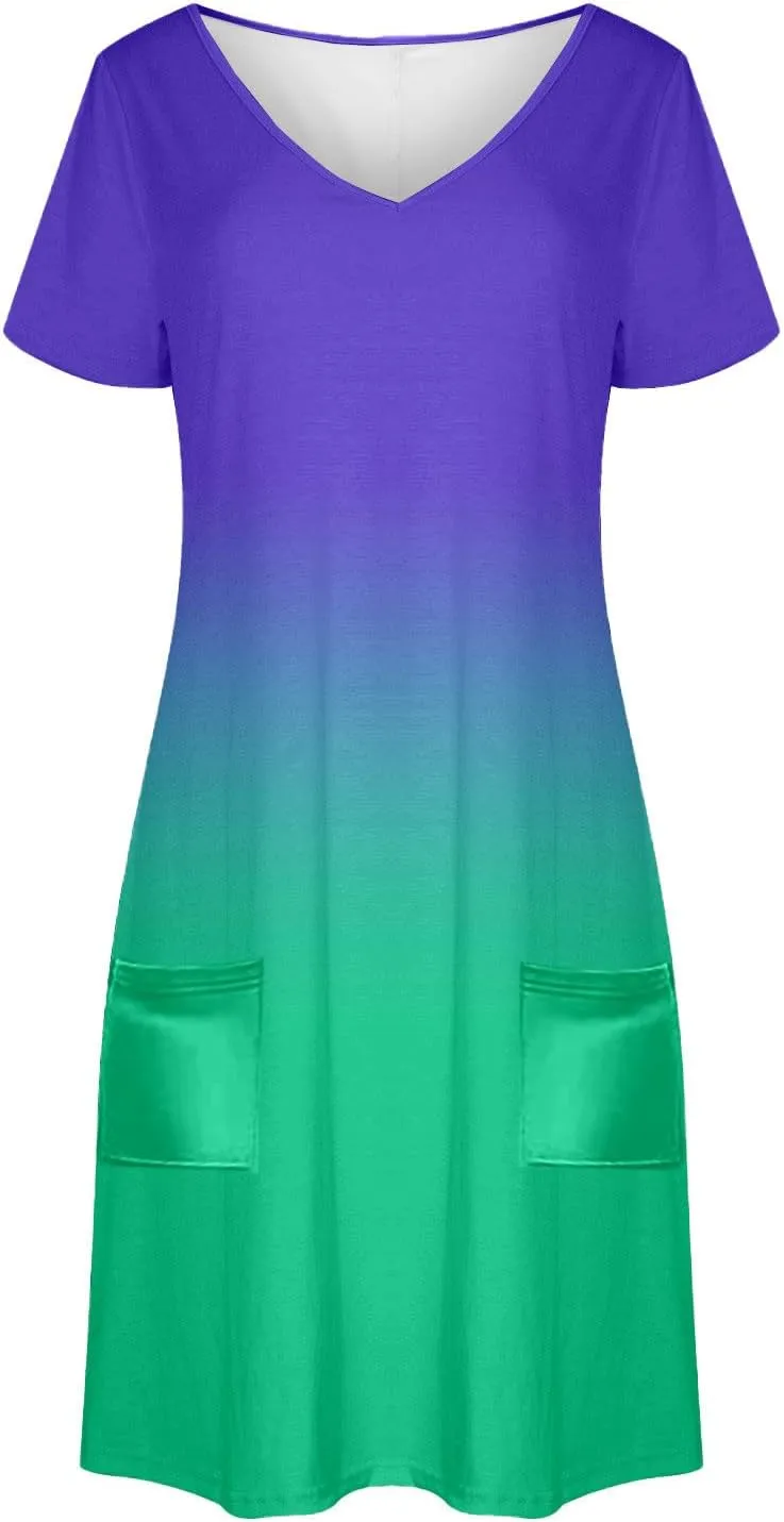 Summer Dresses for Women Casual Spring Short Dress V Neck Gradient Color Loose Shift Dress