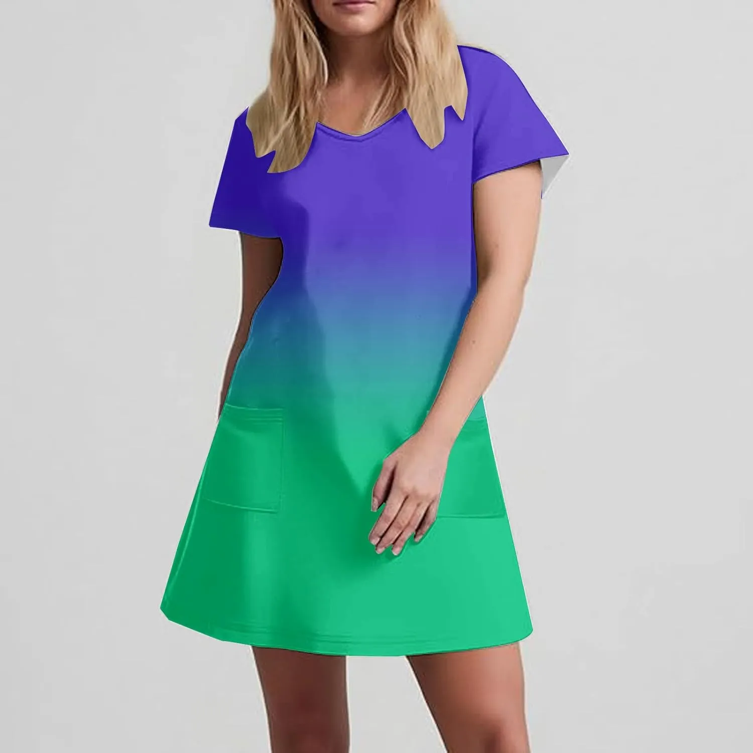 Summer Dresses for Women Casual Spring Short Dress V Neck Gradient Color Loose Shift Dress