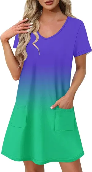 Summer Dresses for Women Casual Spring Short Dress V Neck Gradient Color Loose Shift Dress