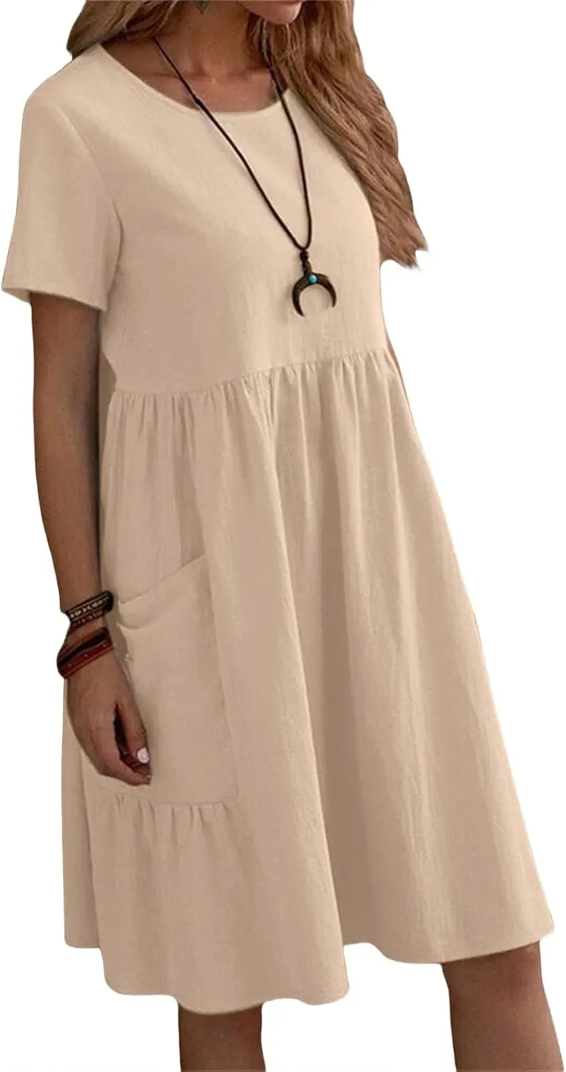 Summer Dresses for Women Cotton Linen Midi Dress Casual Short Sleeve T Shirt Dress Flowy Beach Sundress with Pockets