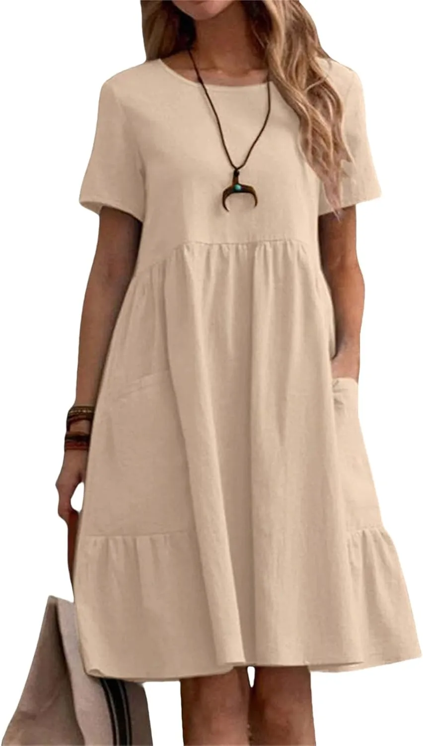 Summer Dresses for Women Cotton Linen Midi Dress Casual Short Sleeve T Shirt Dress Flowy Beach Sundress with Pockets