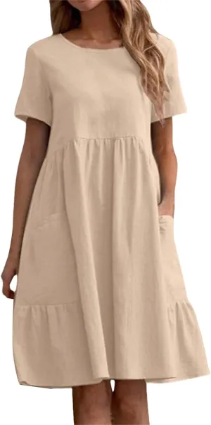 Summer Dresses for Women Cotton Linen Midi Dress Casual Short Sleeve T Shirt Dress Flowy Beach Sundress with Pockets