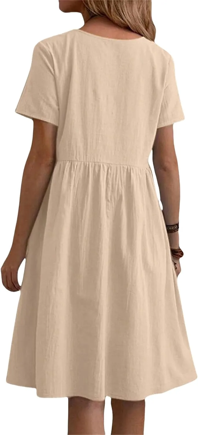 Summer Dresses for Women Cotton Linen Midi Dress Casual Short Sleeve T Shirt Dress Flowy Beach Sundress with Pockets