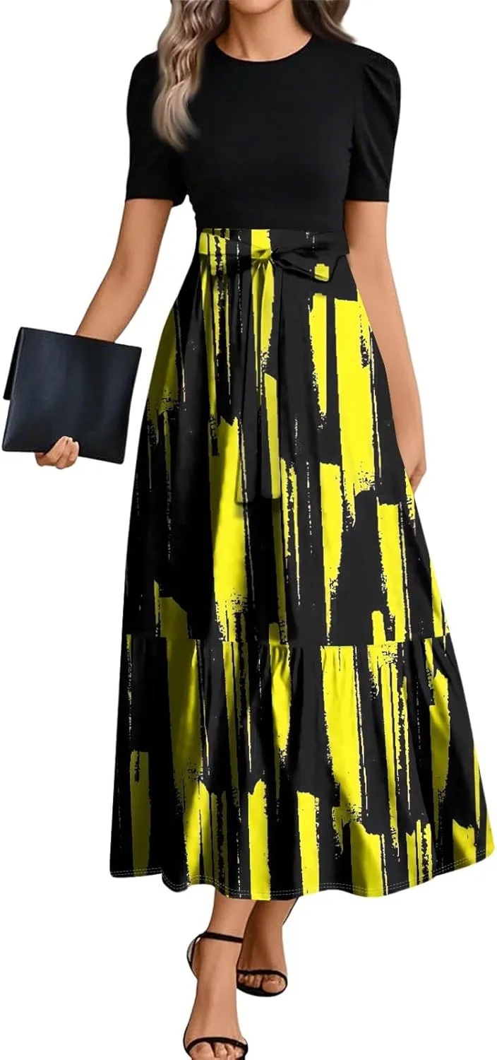 Summer Dresses for Women Floral Printrd A-Line Dress with Belt Flowy High Waist Maxi Dress Casual Elegant Long Dress