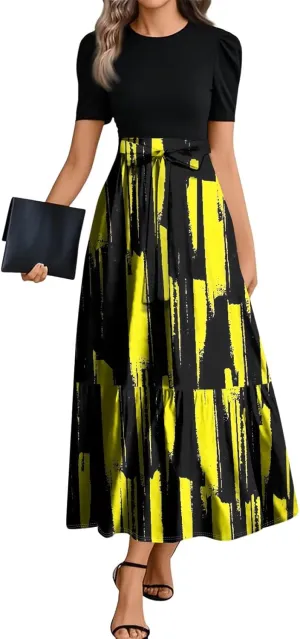 Summer Dresses for Women Floral Printrd A-Line Dress with Belt Flowy High Waist Maxi Dress Casual Elegant Long Dress