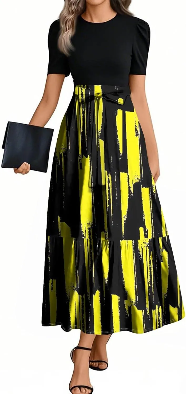 Summer Dresses for Women Floral Printrd A-Line Dress with Belt Flowy High Waist Maxi Dress Casual Elegant Long Dress