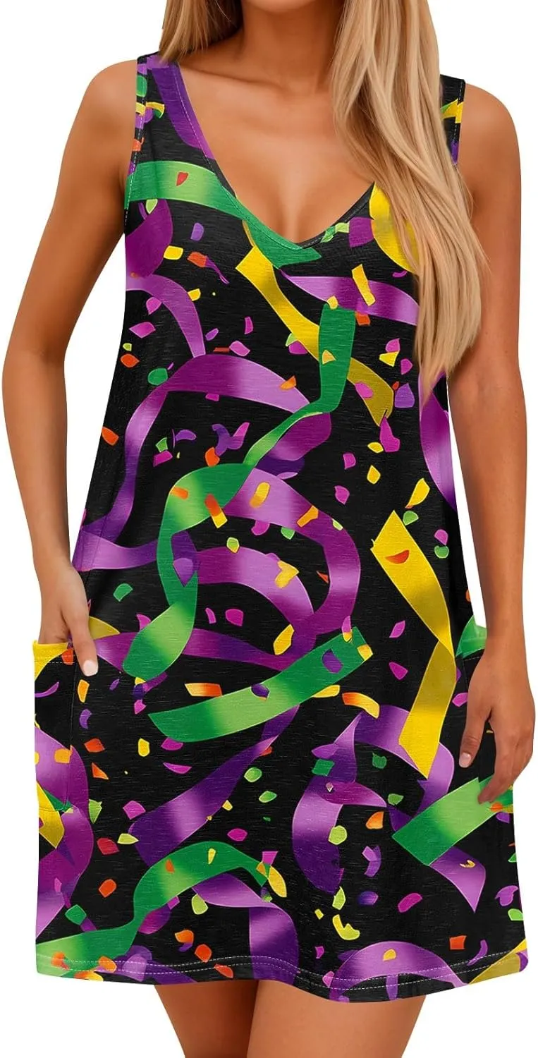 Summer Dresses for Women V Neck Sleeveless Dress with Pocket 2025 Beach Sundress Printed Casual Swimsuit Coverup