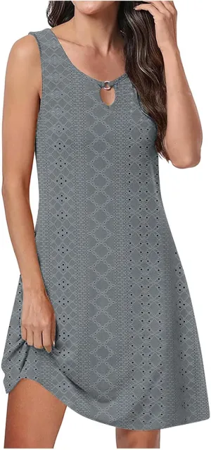 Summer Dresses Round Neck Sleeveless Casual Solid Color Dress Sleeveless Round Neck Dress Cute Layer Skirt
