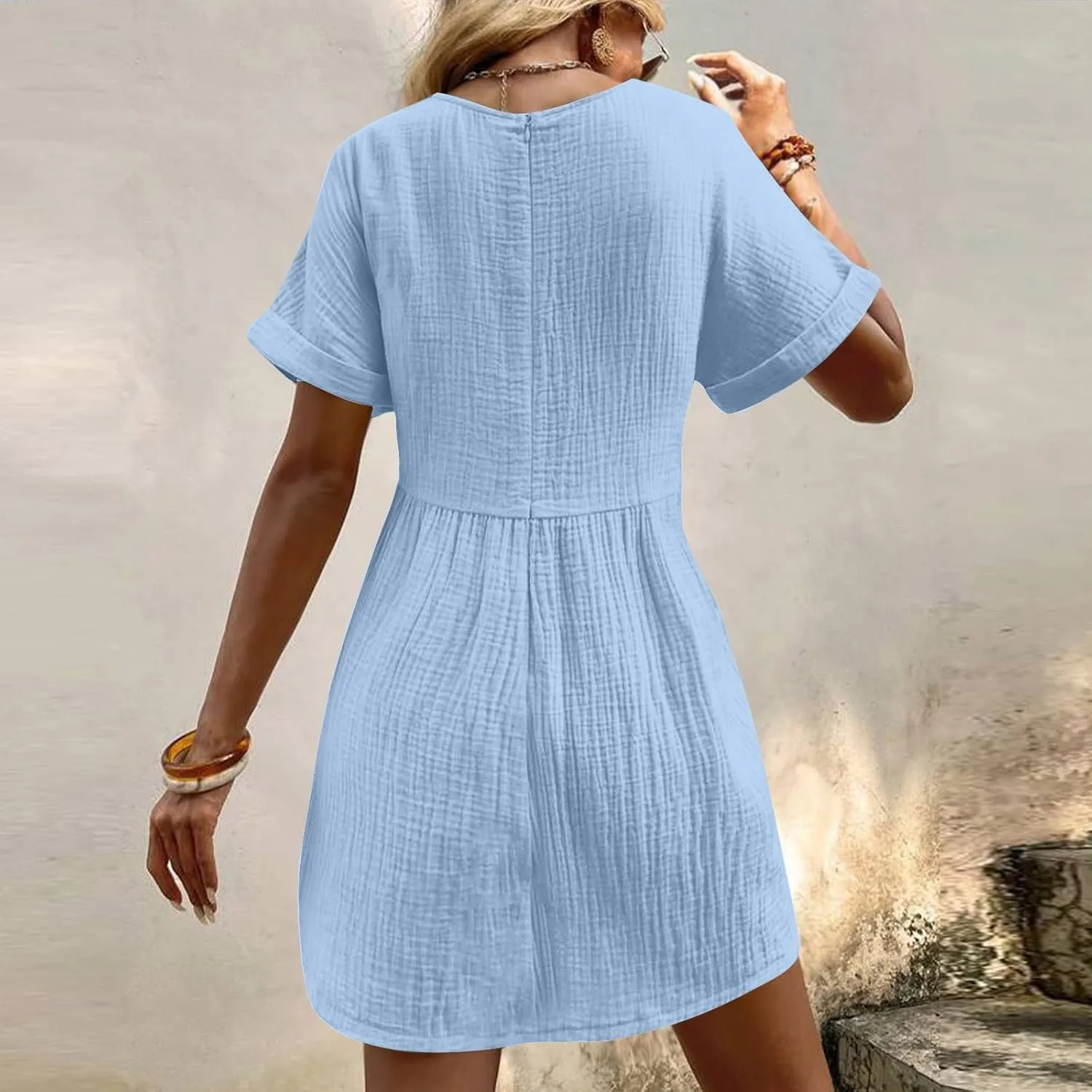 Summer Linen Dresses for Women 2024 Casual v Neck Knee Length Sundresses with Sleeve Comfy Summer Vacation Dresses
