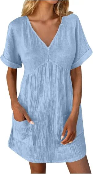 Summer Linen Dresses for Women 2024 Casual v Neck Knee Length Sundresses with Sleeve Comfy Summer Vacation Dresses