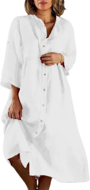 Summer Shirt Dresses Knee Length for Women 2025 Linen Casual Loose 3/4 Rolled-Up Sleeve Button Down Shirts Maxi Dress