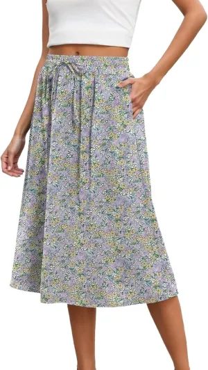 Summer Skirt for Women Casual Vacation Bohemian High Elastic Waist A-Line Trendy Pleated Midi Skirts with Pockets
