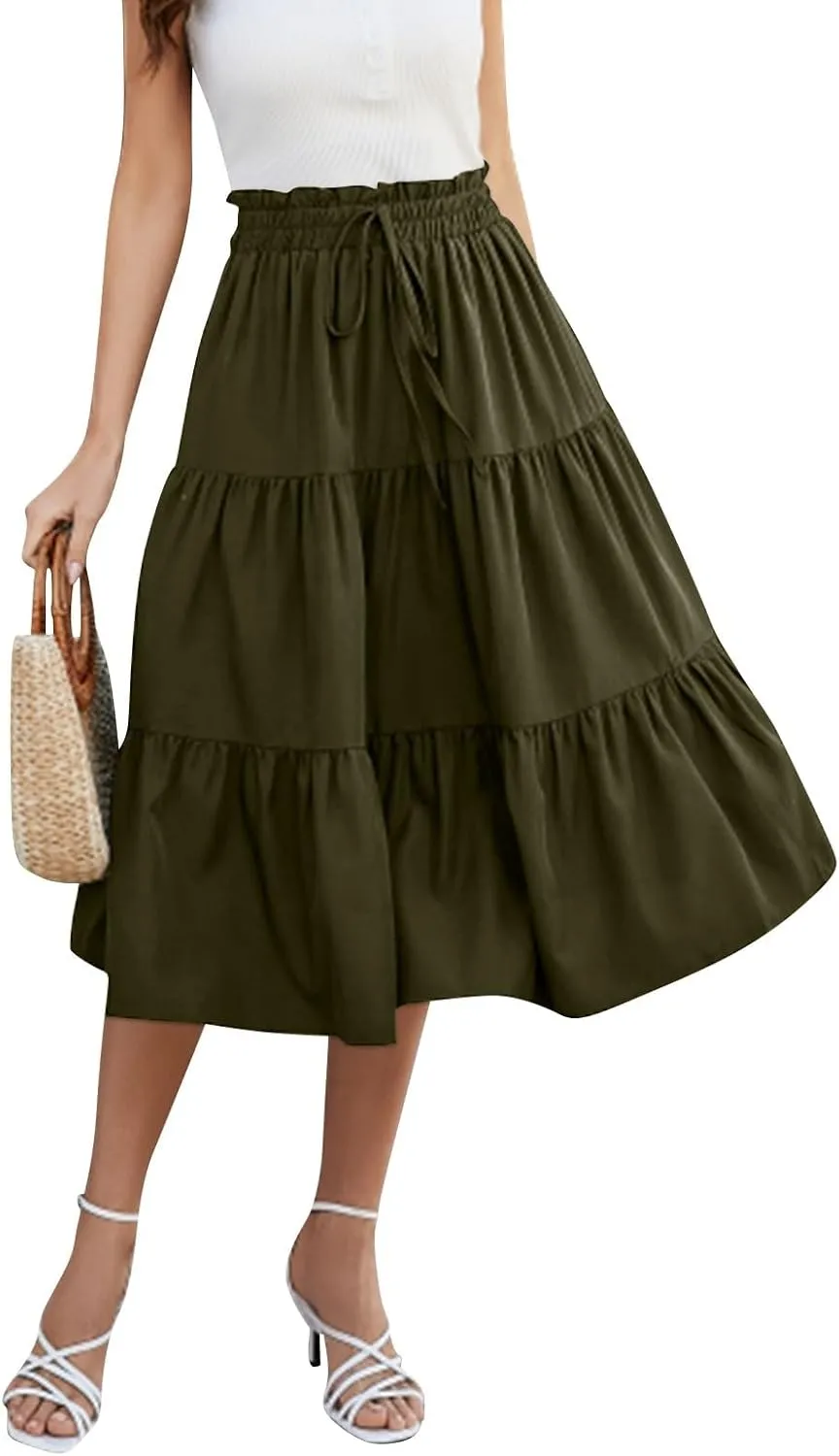 Summer Skirt for Women Comfy Tiered Elastic High Waisted Pleated Skirts Vacation A-Line Flowy Swing Long Skirts
