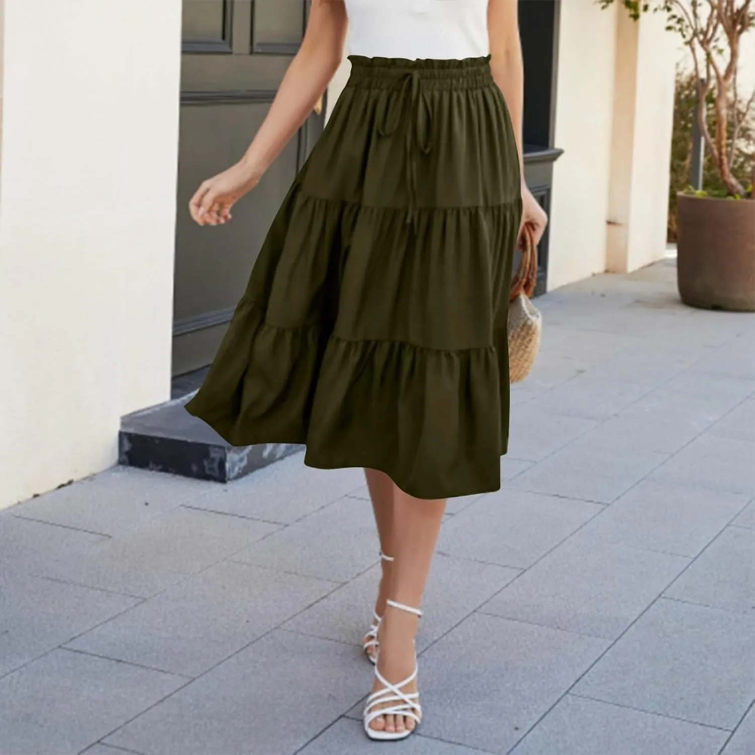 Summer Skirt for Women Comfy Tiered Elastic High Waisted Pleated Skirts Vacation A-Line Flowy Swing Long Skirts