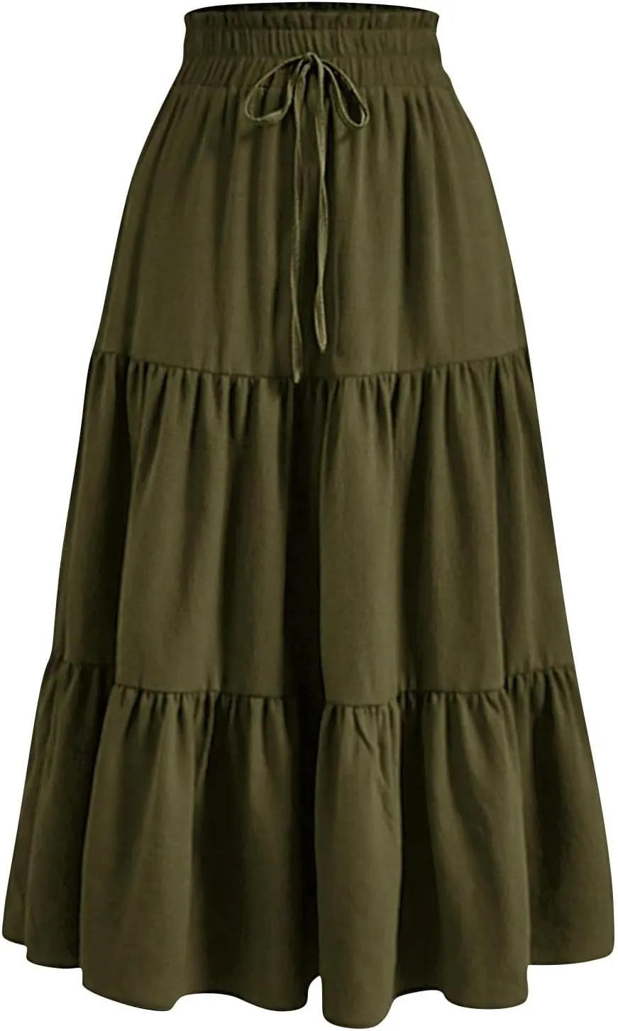 Summer Skirt for Women Comfy Tiered Elastic High Waisted Pleated Skirts Vacation A-Line Flowy Swing Long Skirts