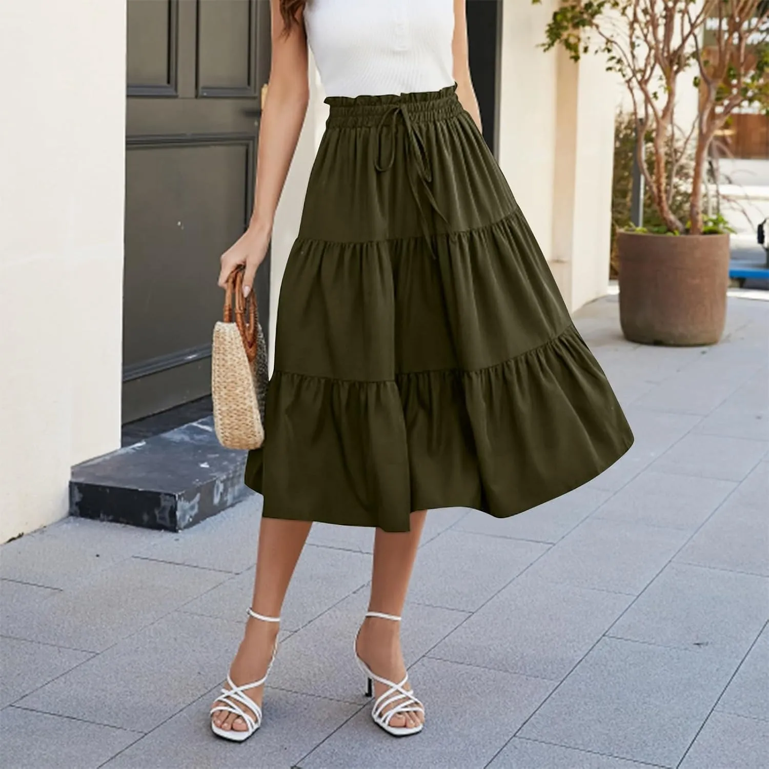 Summer Skirt for Women Comfy Tiered Elastic High Waisted Pleated Skirts Vacation A-Line Flowy Swing Long Skirts
