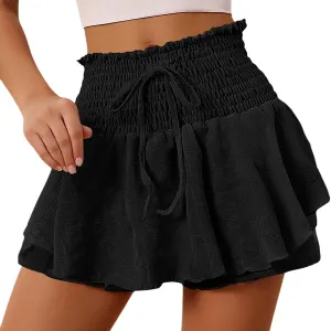 Summer Skirts for Women Trendy High Elastic Waist Tummy Control Double Ruffle Hem A-Line Pleated Mini Skirts for Girls