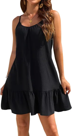 Summer Tank Dresses for Women Casual Crew Neck Sleeveless Spaghetti Strap Mini Dress Loose Fit Tunic Pleated Dresses