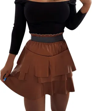 SummerDresses for Women 2023 Women Leather Skirts High Waist Mini Skirt Ruffles Pleated Cheer Cake Skirt Vintage