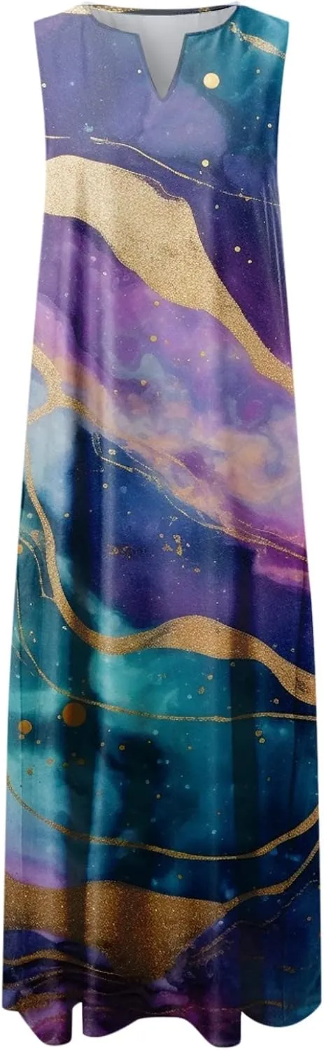Sundresses for Women 2024 V Neck Floral Print Maxi Dresses with Pockets Flowy Sun Dress Plus Size Summer Dresses