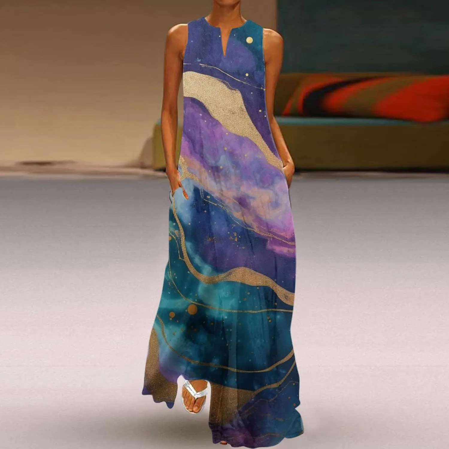 Sundresses for Women 2024 V Neck Floral Print Maxi Dresses with Pockets Flowy Sun Dress Plus Size Summer Dresses