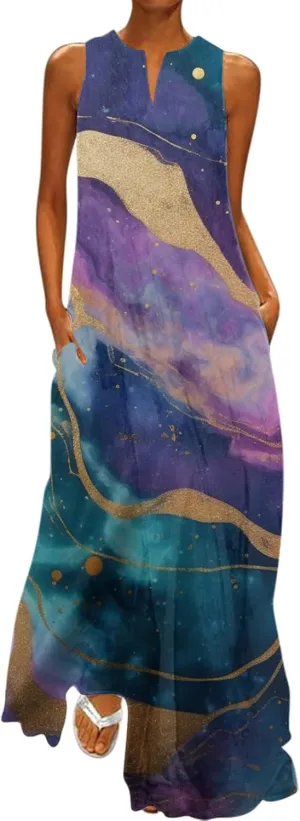 Sundresses for Women 2024 V Neck Floral Print Maxi Dresses with Pockets Flowy Sun Dress Plus Size Summer Dresses