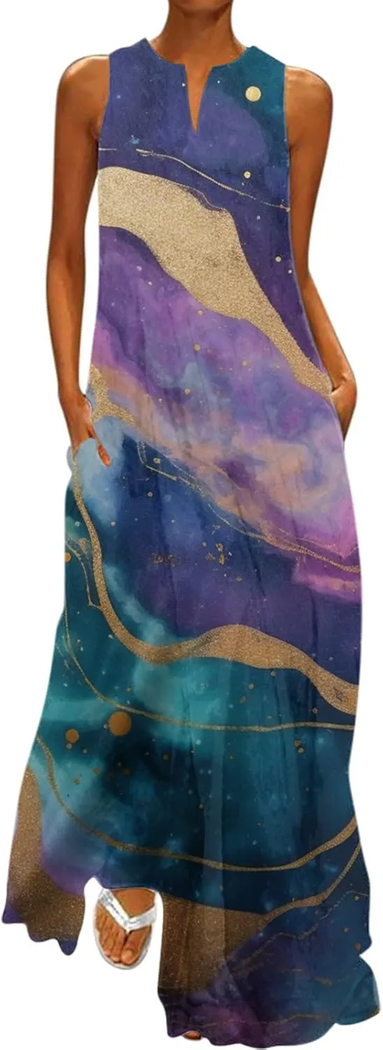 Sundresses for Women 2024 V Neck Floral Print Maxi Dresses with Pockets Flowy Sun Dress Plus Size Summer Dresses