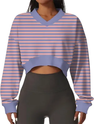 Sweatshirts For Women Casual Fashion Sexy Comfortable V-Neck Long Sleeve Striped Graphic Printed Sports Sweatshirt Top