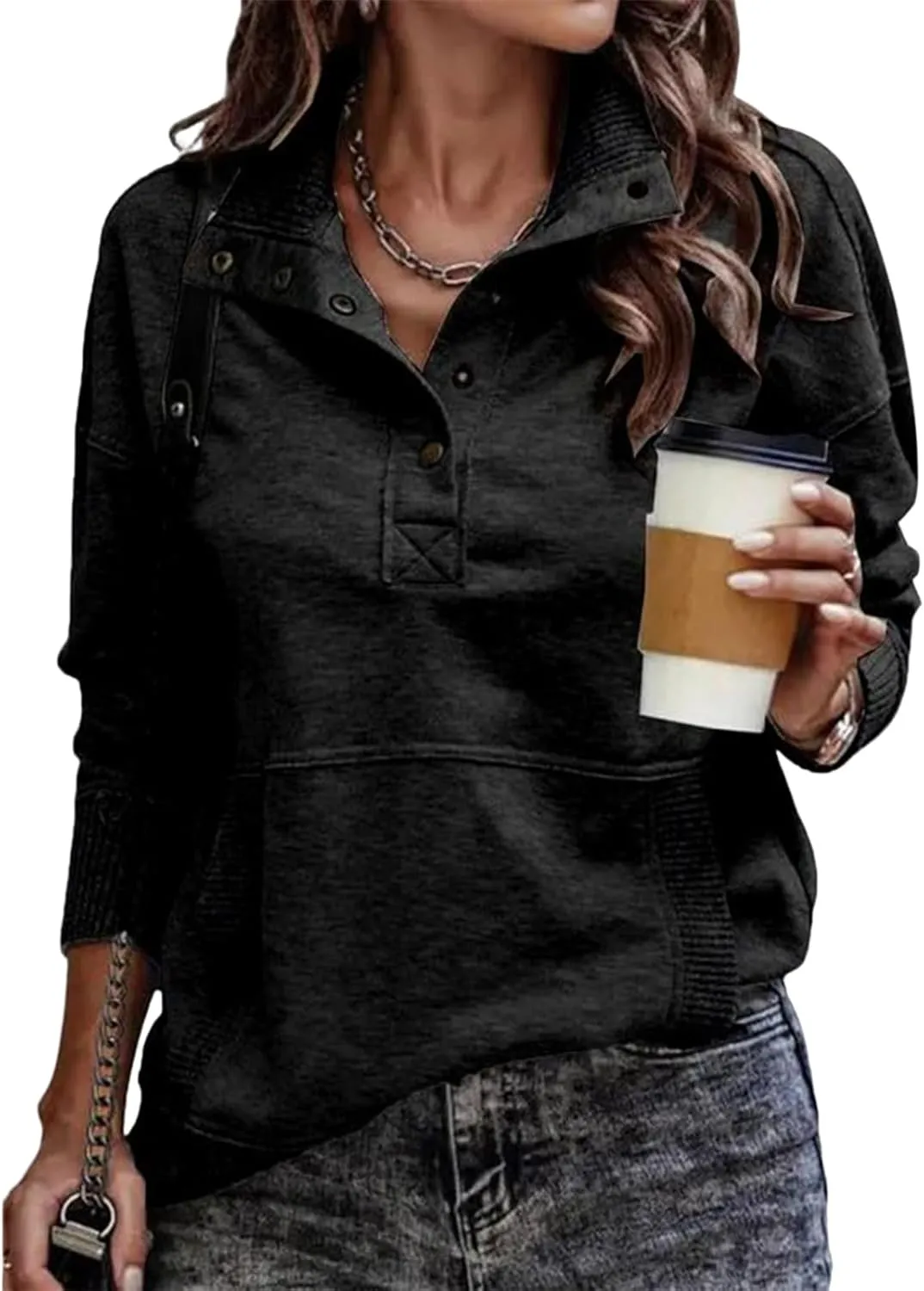 Sweatshirts for Women Trendy Casual V Neck Long Sleeve Sweatshirt Oversized Button Pullover Tops
