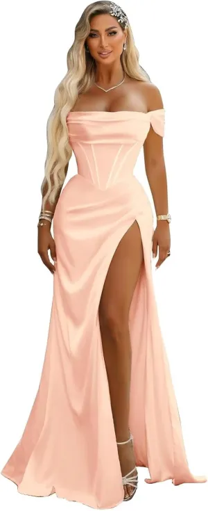 SYYS Satin Bridesmaid Dresses for Women 2024 Off Shoulder Bodycon Prom Dresses SYYS402