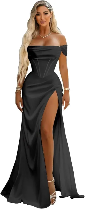 SYYS Satin Bridesmaid Dresses for Women 2024 Off Shoulder Bodycon Prom Dresses SYYS402