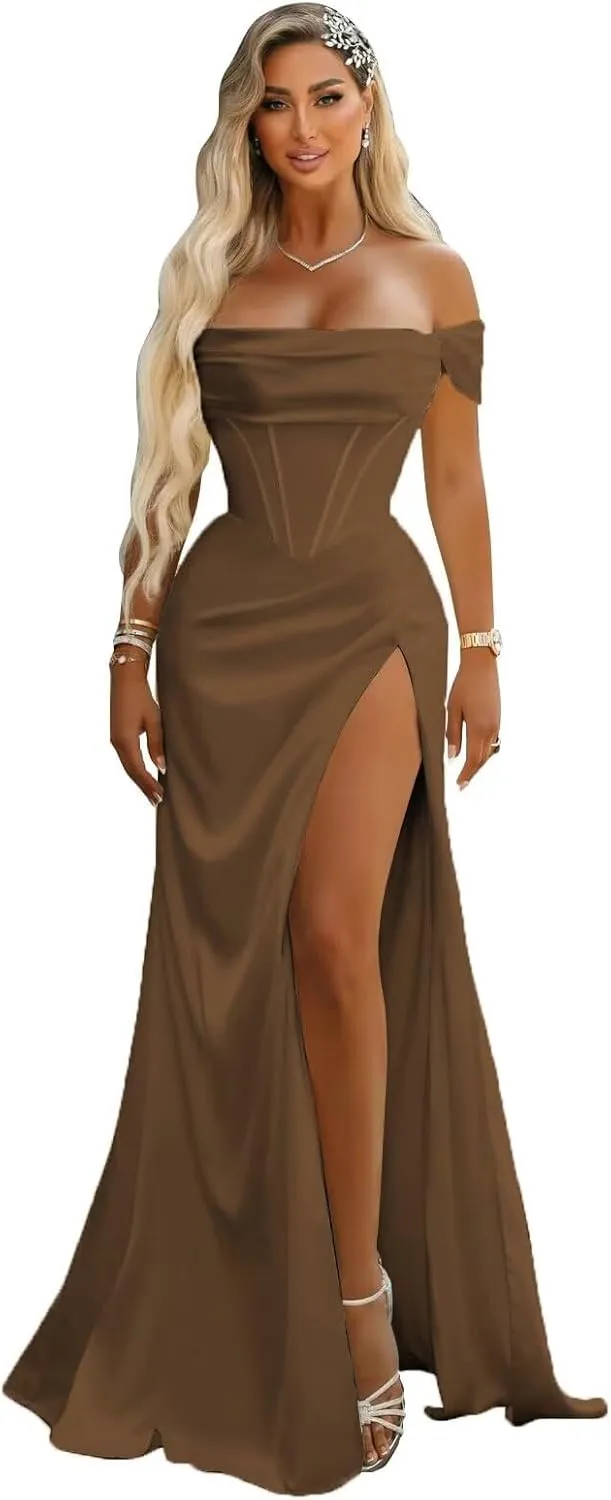 SYYS Satin Bridesmaid Dresses for Women 2024 Off Shoulder Bodycon Prom Dresses SYYS402