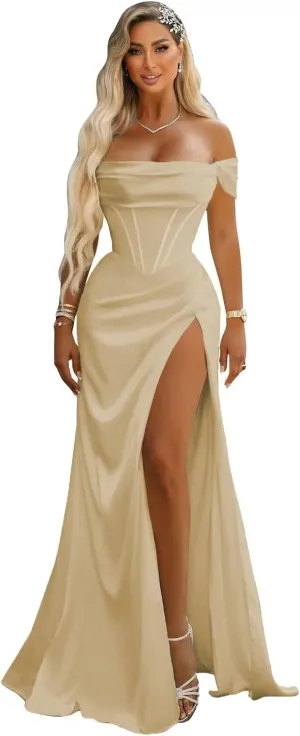SYYS Satin Bridesmaid Dresses for Women 2024 Off Shoulder Bodycon Prom Dresses SYYS402