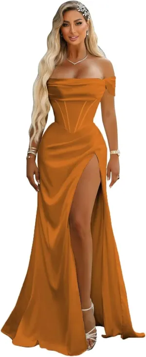 SYYS Satin Bridesmaid Dresses for Women 2024 Off Shoulder Bodycon Prom Dresses SYYS402