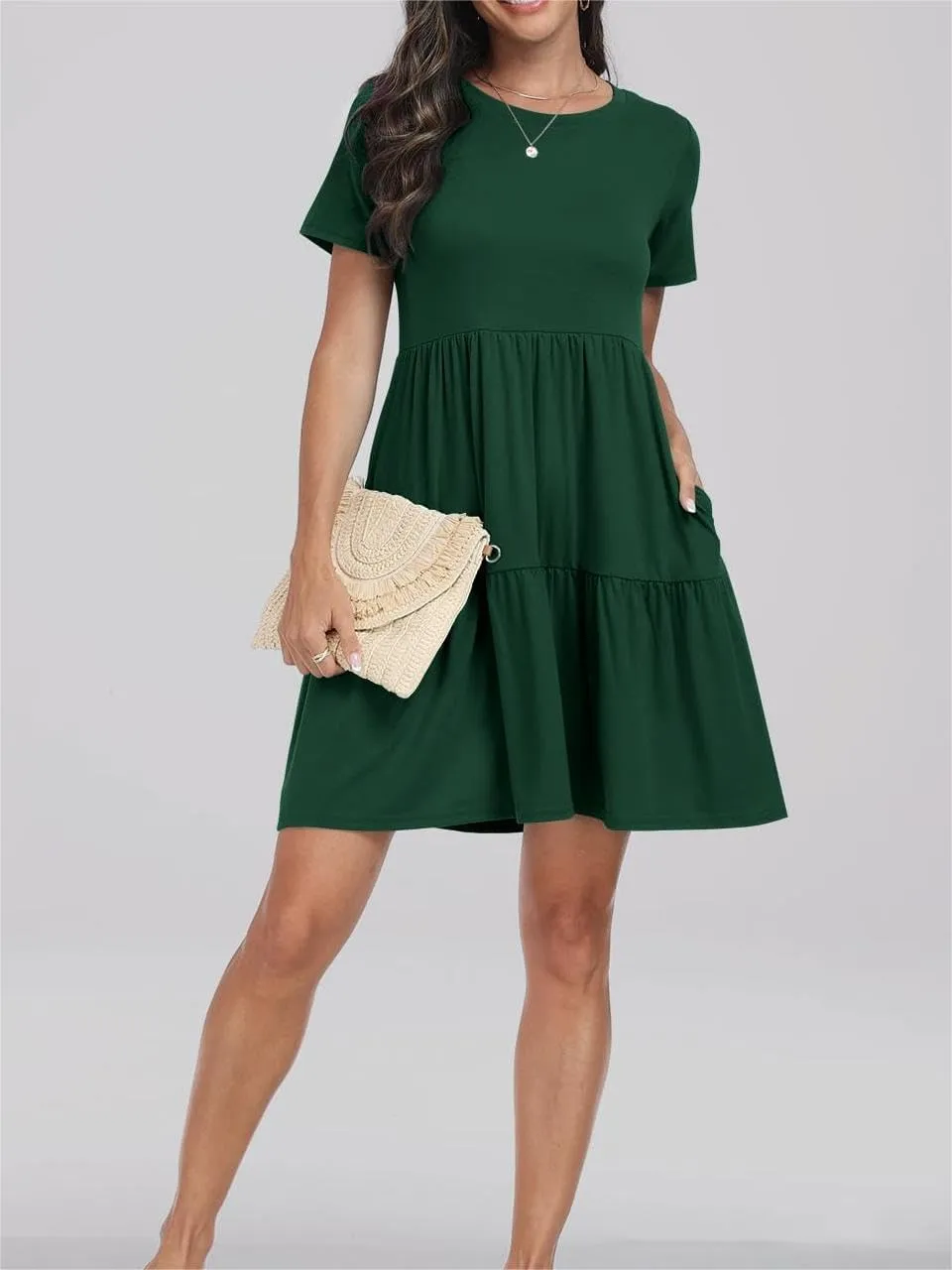 T Shirt Dress Women Summer Casual Short Sleeve Crewneck Mini Tshirt Dresses Loose Flowy Tiered Short Dress with Pockets