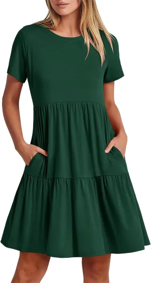 T Shirt Dress Women Summer Casual Short Sleeve Crewneck Mini Tshirt Dresses Loose Flowy Tiered Short Dress with Pockets