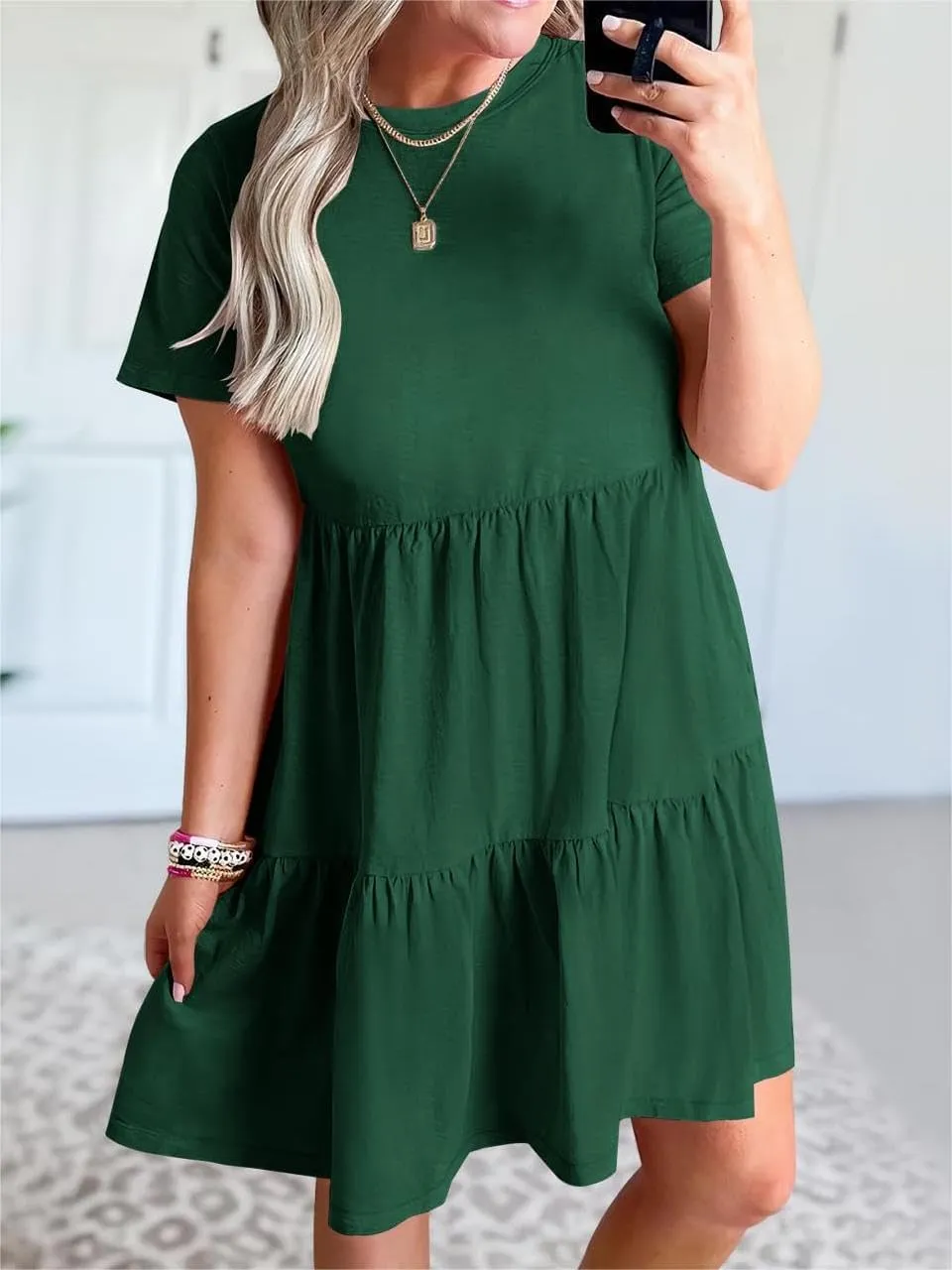 T Shirt Dress Women Summer Casual Short Sleeve Crewneck Mini Tshirt Dresses Loose Flowy Tiered Short Dress with Pockets