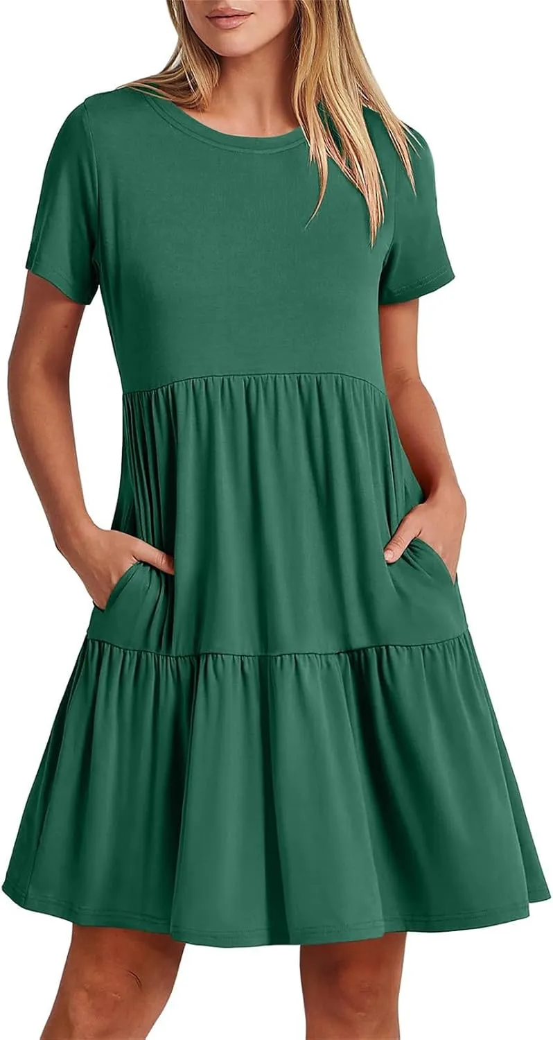 T Shirt Dress Women Summer Casual Short Sleeve Crewneck Mini Tshirt Dresses Loose Flowy Tiered Short Dress with Pockets
