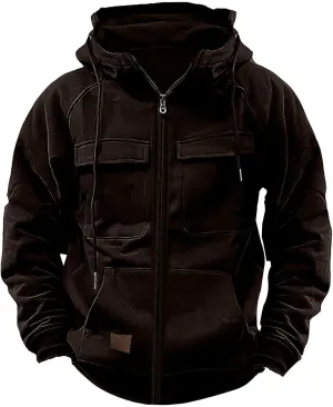 Tactical Cargo Hoodies for Men Multi Pockets Full Zip Hooded Sweatshirt Long Sleeve Drawstring Hiking Hooded Jackets