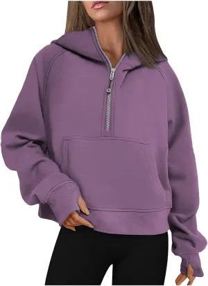 TANGNADE Hooded Sweatshirts Women Half Zip Cropped Fleece Pullover Quarter Zipper Thumb Hole Hoodies with Pockets