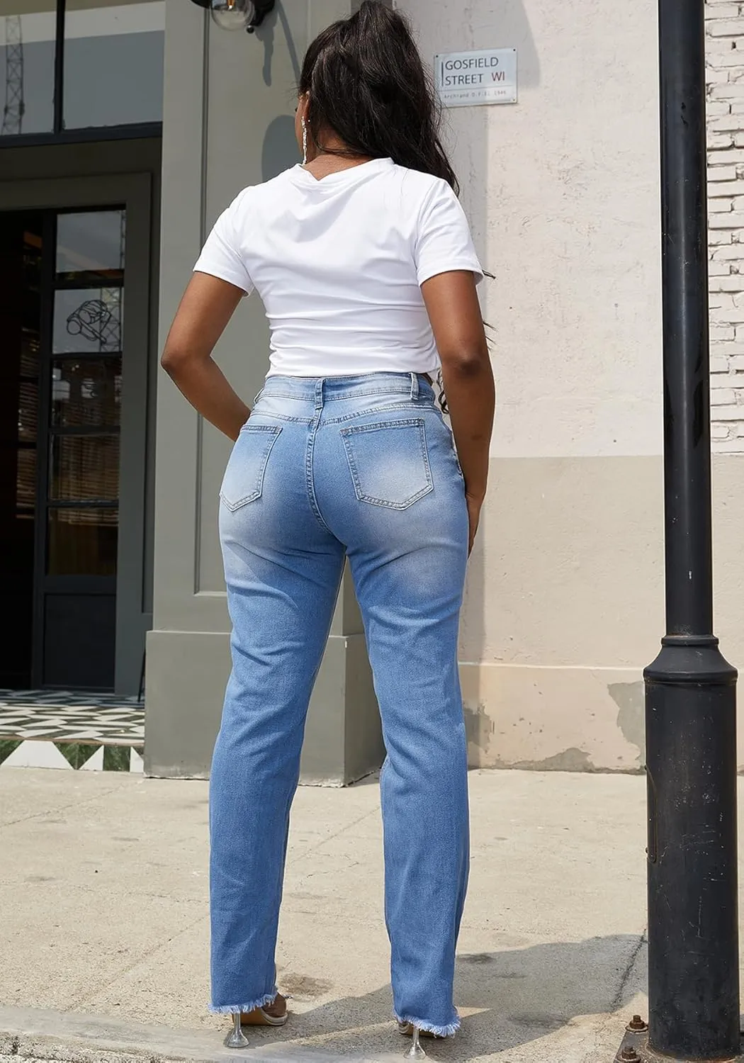 Tbahhir Ripped Jean for Women Fashion Jeans High Waist Stretch Jeans Denim Long Pants with Pockets