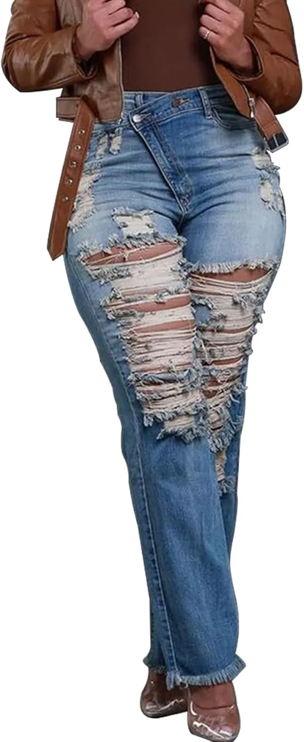 Tbahhir Ripped Jean for Women Fashion Jeans High Waist Stretch Jeans Denim Long Pants with Pockets